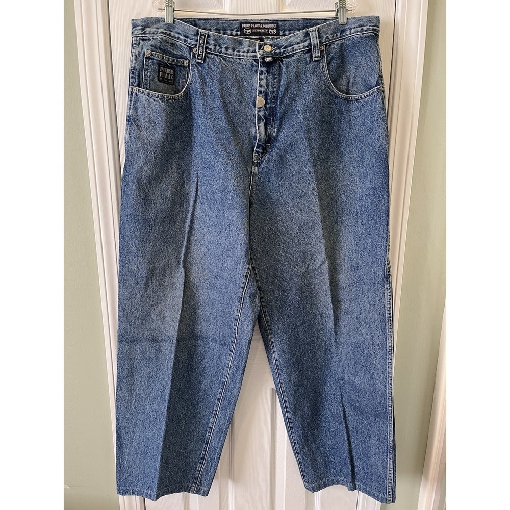 Y2K Pure Playaz Baggy Blue‎ Denim Jeans Logo Button Skater Men Size 40x32